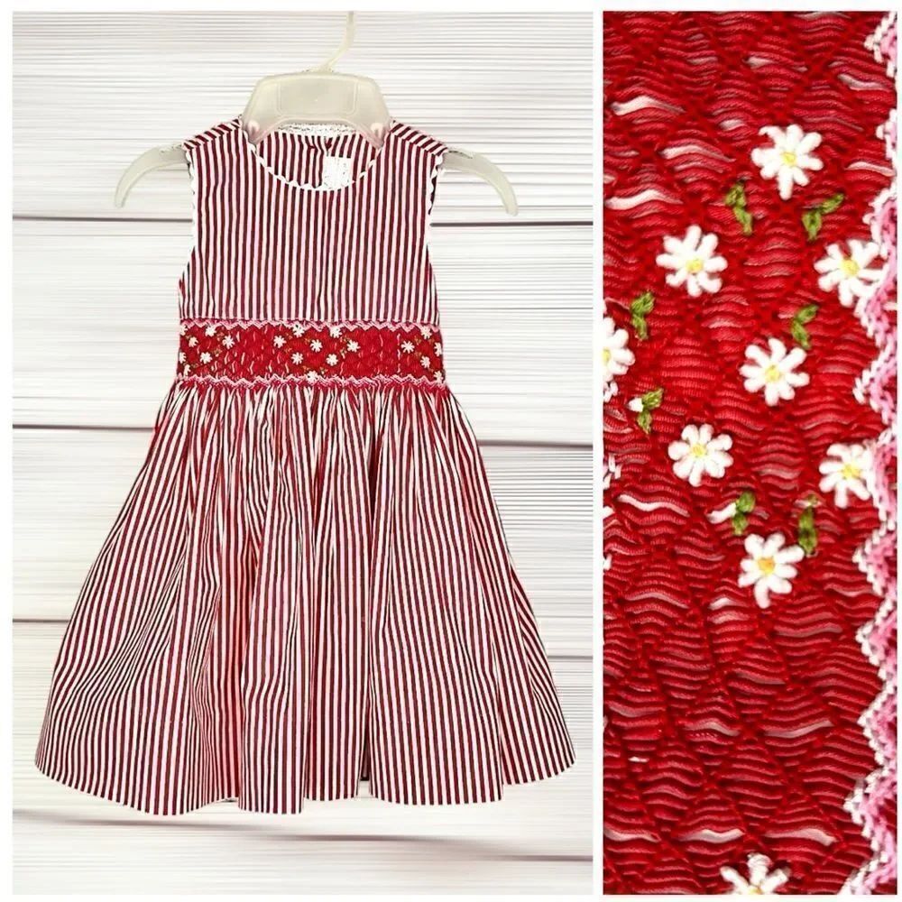 Creation Imaho Smocked Dress Red White Striped Cotton Summer Sleeveless 2 Years